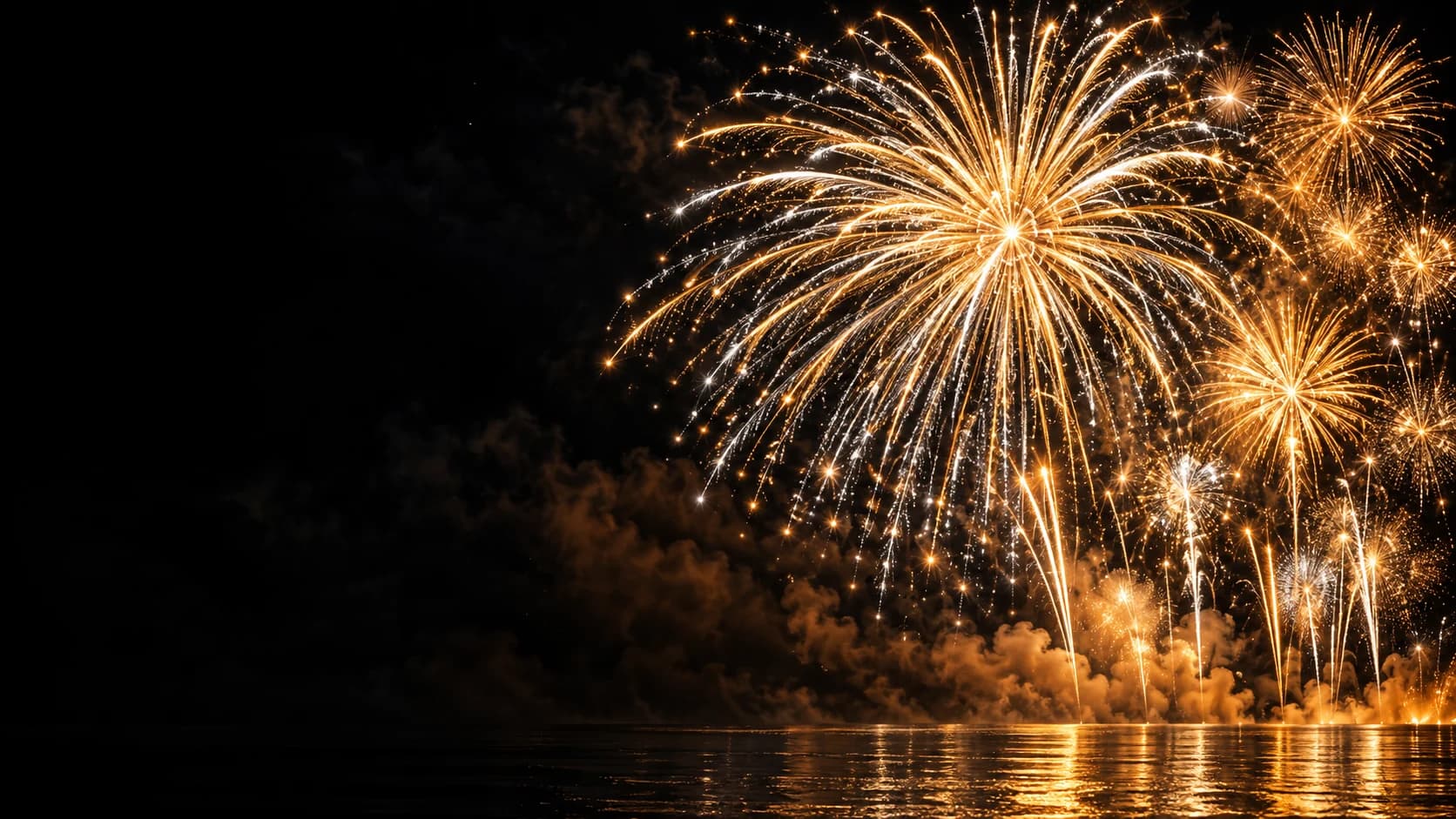 Ilustración de fuegos artificiales dorados y blancos sobre un cielo nocturno